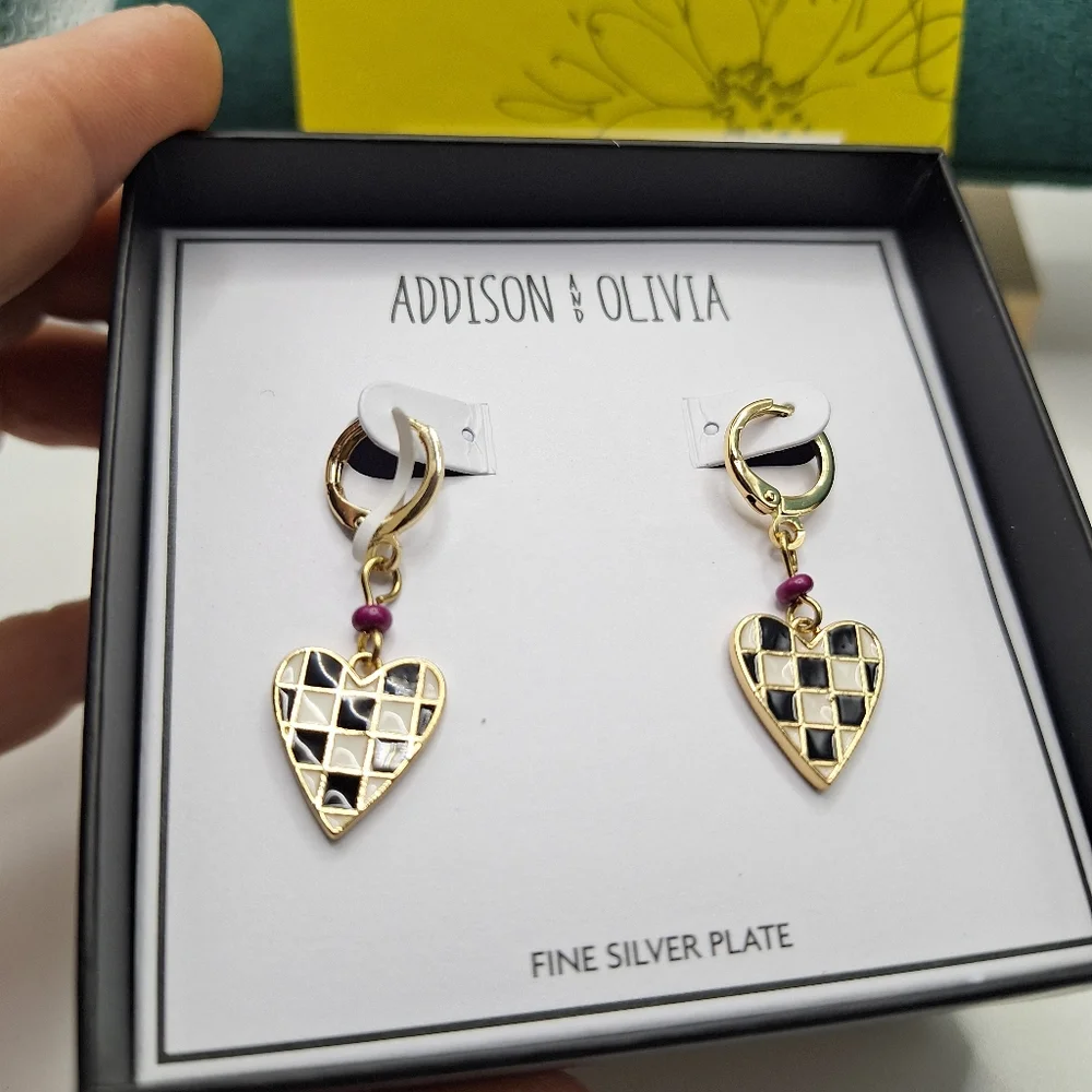 Addison & Olivia Checkered Heart Drop Earrings | Fine Silver Plate | Boxed